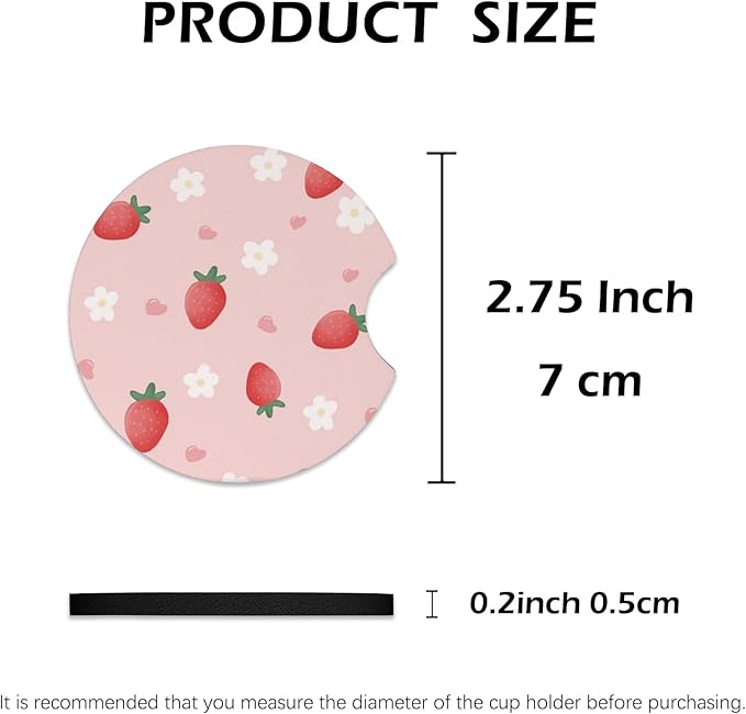 2 Pcs Car Cup Coasters, Cute Strawberry Universal Non-Slip Rubber Car Coasters for Cup Holders 2.75 inch, Car Interior Accessories for Women