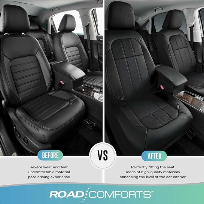 Road Comforts Car Seat Covers, Breathable Leather Seat Covers, Car Seat Covers Front Seats Airbag Compatible, Automotive Seat Covers for Most Cars, Vans, Trucks, SUV-Black