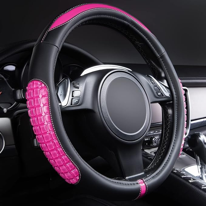 Flying Banner car Steering Wheel Cover Gel Massage Velvet Cool Warm Universal Size 15 inches SUV Truck Anti Slip Odorless Summer Winter (Black Pink, Gel Massage)