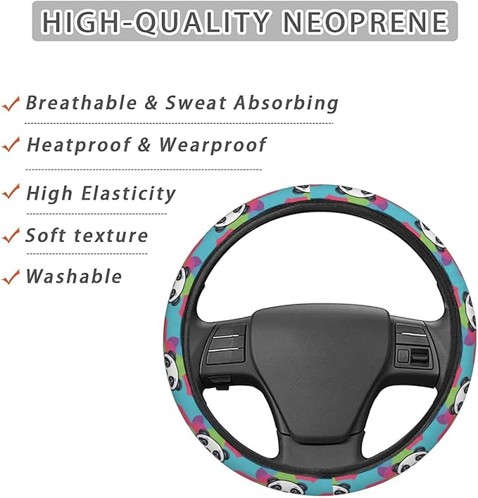 Rainbow Cartoon Cute Panda Steering Wheel Covers Anti-Slip Elasticity Car Accessories Steering Wheel Protector Universal 15 Inch for Cars SUV Vehicle Truck