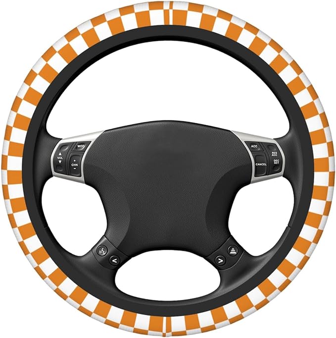 Yellow Checkered Steering Wheel Cover for Women,Universal Auto Steering Wheel 14-15 Inch Car Interior Accessories with 2PCS Car Coasters,Suitable for Men and Women