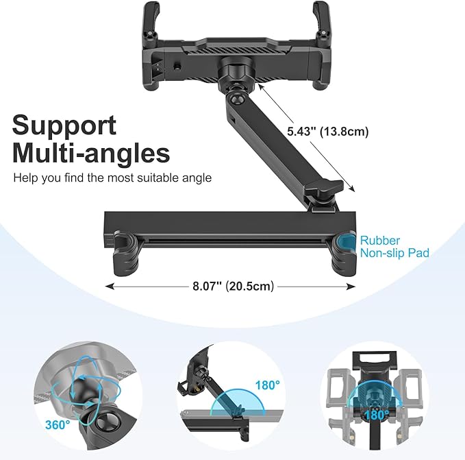 Car Seat Headrest Tablet Holder, [Mobile Folding Arm] Back Seat Tablet Mount for Road Trip, Fit Thickness Case (Deep Max 1.18'') for iPad Pro 12.9/ Air/Mini, Galaxy Tab, All 6.1-15.6" Devices
