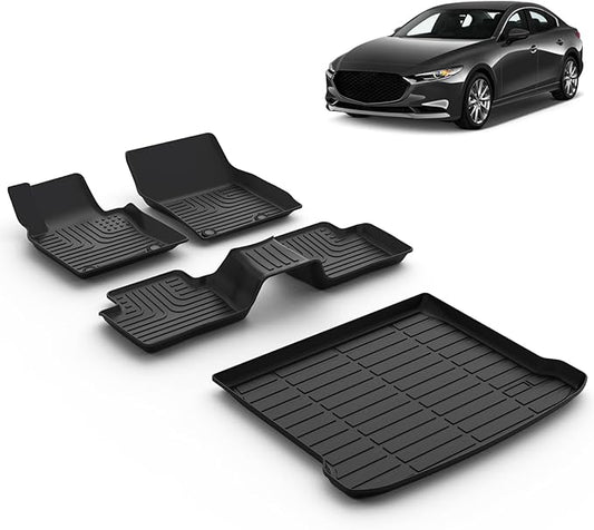 All Weather Car Floor Mats & Cargo Liner Set Fit for Mazda 3 FWD 2019-2024 2025 (Only Fits Hatchback Models) Floor Liners Trunk Liner Mazda 3 Cargo Mat Accessories Black
