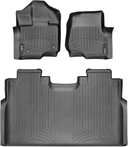WeatherTech Custom Fit FloorLiners for Ford F-150 (Crew Cab, Bucket seats) F150 Lightning, Raptor w/o Fold Flat Storage - 1st & 2nd Row (44697-1-2), Black