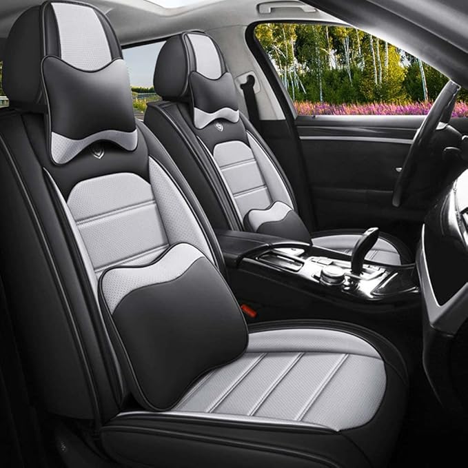 Leather Seat Cover for Toyota Corolla 2000-2024,Waterproof Soft Seat Covers,Interior Accessories Seat Covers Cushion Vehicle Protector Airbag Compatible(Black&Gray,Full Set with Pillow)