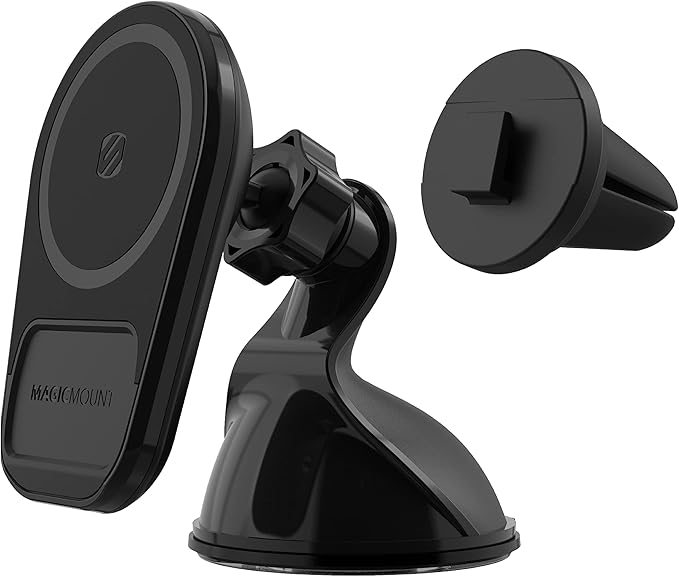 Scosche MQ5WDV-1 MagicMount Pro Charge5 Window/Dash/Vent 15W Magnetic, Qi-Certified, Wireless Charging Phone Mount, Cell Phone Holder for Car Compatible with MagSafe, iPhone, Galaxy and Qi Devices