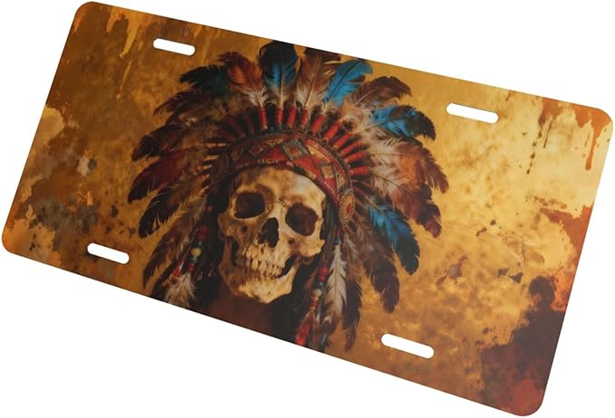 Native American Skull Feathered Hat Front License Plate Car Decorative License Plates Aluminum Metal Decor Accessory Novelty Vanity Tag Cover with 4 Holes for Men Women 6" X 12"