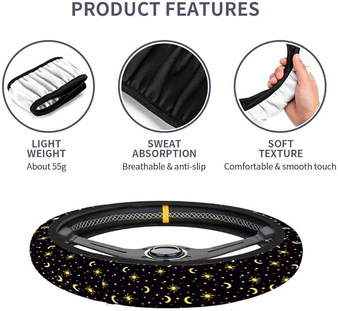 Sun Stars and Moon Elastic Steering Wheel Cover Night Sky on Black Background Steering Wheel Cover Anti Slip Protective Case Universal Stretch Steering Protector