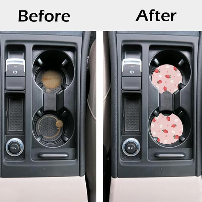 2 Pcs Car Cup Coasters, Cute Strawberry Universal Non-Slip Rubber Car Coasters for Cup Holders 2.75 inch, Car Interior Accessories for Women