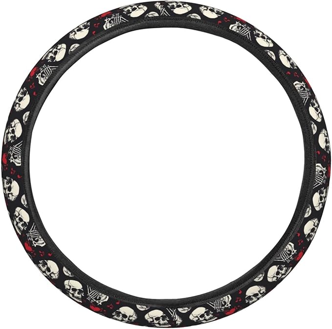 Rock Roll Skull Skeleton Love Music Steering Wheel Covers Anti-Slip Elasticity Car Accessories Steering Wheel Protector Universal 15 Inch for Cars SUV Vehicle Truck