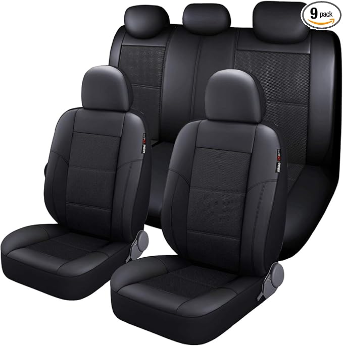 P&J AUTO Leather and Mesh Car Seat Cover Full Set in 9pcs Universal Fit for Cars Trucks Vans & SUVs Airbag Compatible (Black)