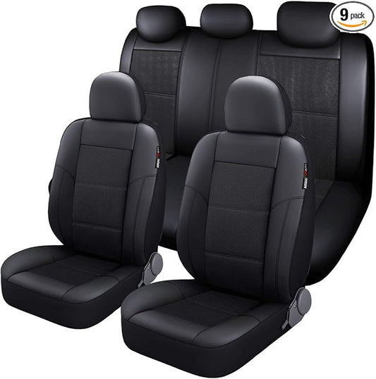 P&J AUTO Leather and Mesh Car Seat Cover Full Set in 9pcs Universal Fit for Cars Trucks Vans & SUVs Airbag Compatible (Black)