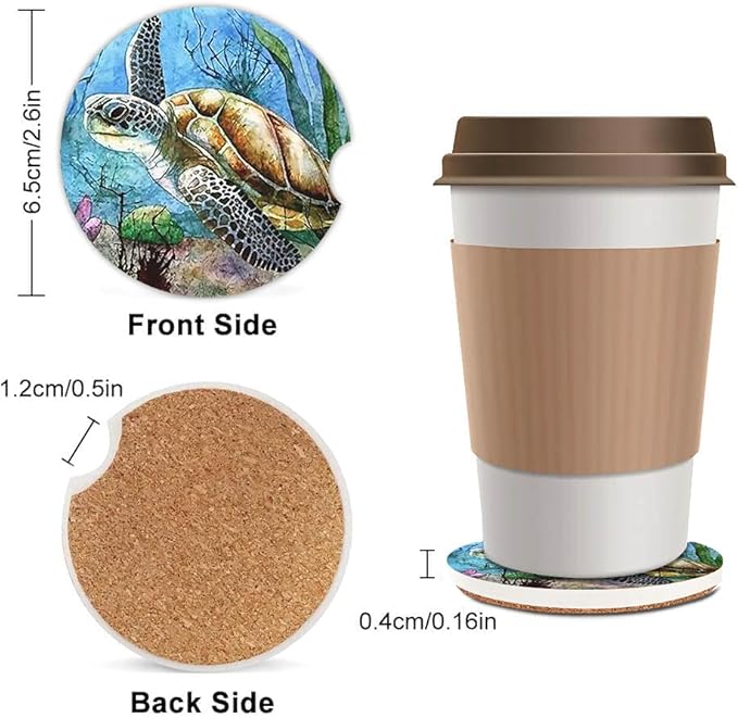 Sea Turtle Lonely Swim Oil Painting in Ocean Absorbent Cup Holders Car Coasters,Ceramic Stone Drinks Coaster Set for Women Man 2.56"(2 Pack)