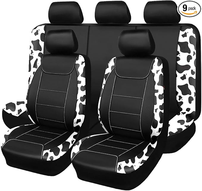 Flying Banner car seat Covers Protects Water Proof Faux Leather Carbon Fiber Front and Rear Bench (Cow Black, Full Set - 8PCS)