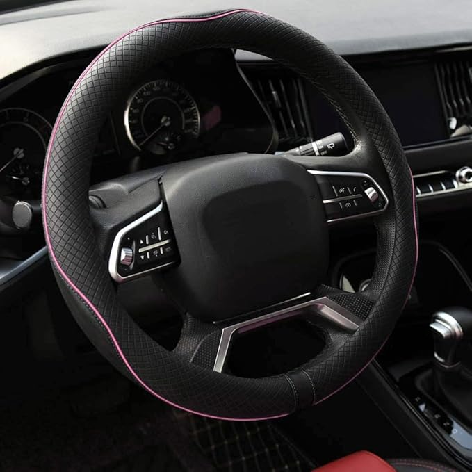 Rueesh Microfiber Leather Steering Wheel Cover Anti-Slip Matte Finish Auto Car Wheel Cover Universal 15 Inch Wheel Cover for Car Embossing Pattern (Pink Line)