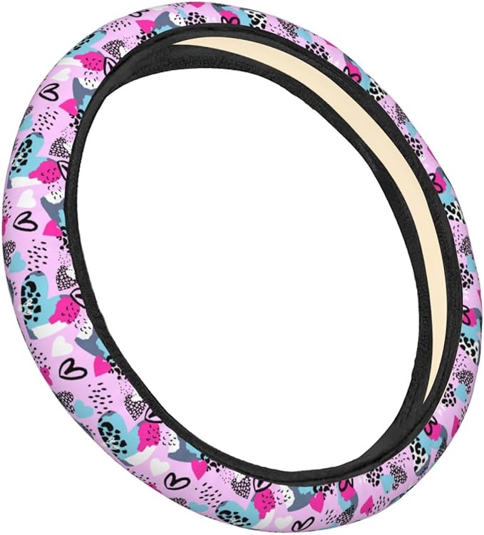 Dujiea Leopard Print with Hearts Elastic Stretch Steering Wheel Cover, Anti-Slip and Durable Car Steering Wheel Accessories for Women Men, 15 Inch Universal Fit Car, Truck, SUV