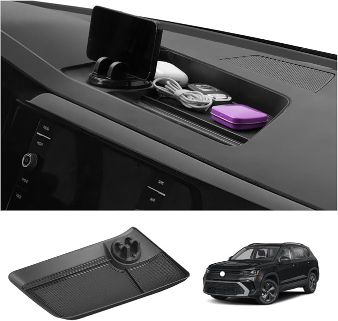 LUWU 2025 VW Taos Dashboard Storage Tray Compatible with 2022 2023 2024 2025 V olkswagen Taos Accessories Behind Screen Organizer Center Console Display Box Dash Tray with Cell Phone Holder Mount