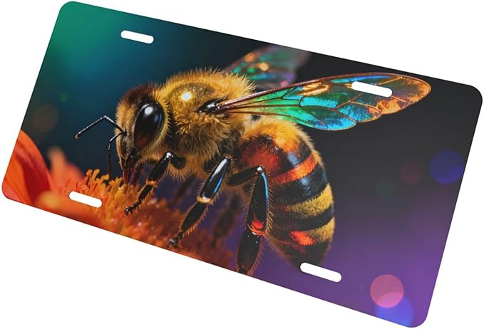 Macro Shot Bees Flowers Front License Plate Car Decorative License Plates Aluminum Metal Decor Accessory Novelty Vanity Tag Cover with 4 Holes for Men Women 6" X 12"