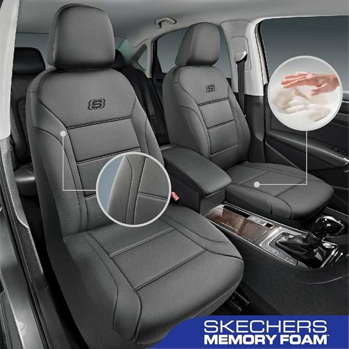 Skechers Memory Foam Car Seat Covers, Lycra Fabric Seat Covers, Car Seat Covers Front Seats Airbag Compatible, Automotive Comfort Protection for Most Cars, Trucks, SUVs, Grey