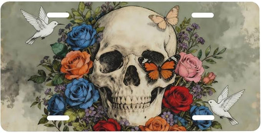 Skull Rose Bird Front License Plate Car Decorative License Plates Aluminum Metal Decor Accessory Novelty Vanity Tag Cover with 4 Holes for Men Women 6" X 12"