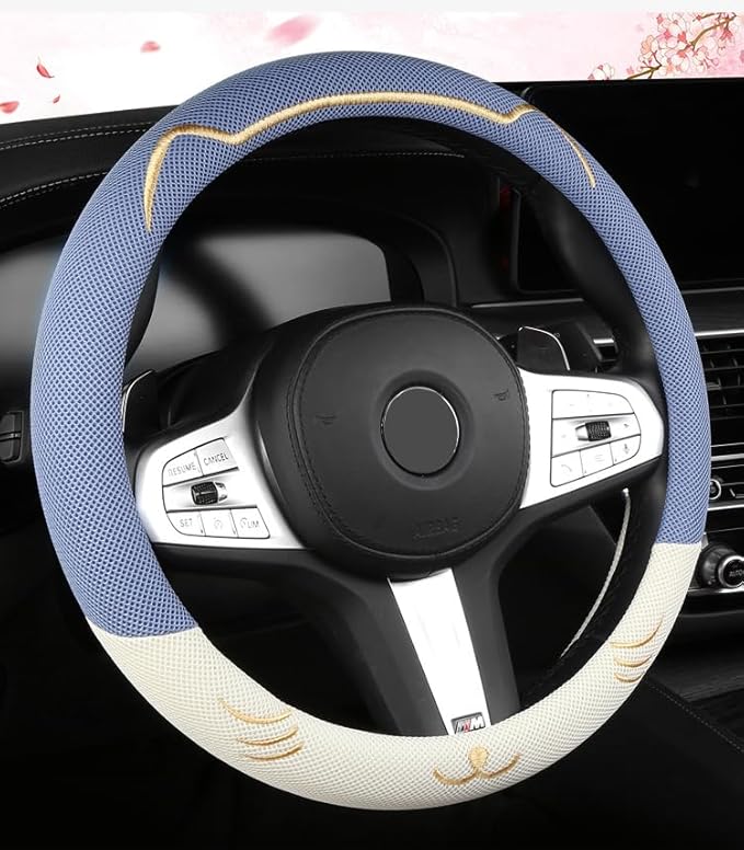 38cm Car Steering Wheel Cover, Universal 15 inch, Microfiber Breathable Ice Silk, Anti-Slip, Odorless, Easy Carry, Blue and White Contrast Design, Cute Cat for Girls, Ladies, Women