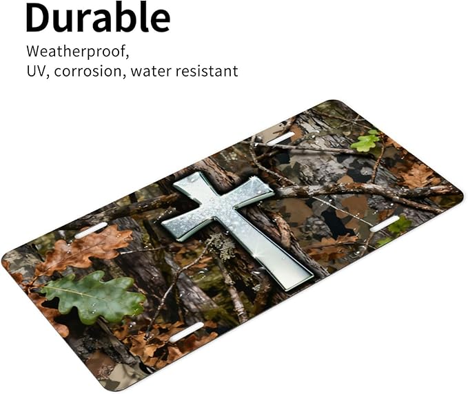 Trees Grass Silver Cross Shimmering Front License Plate Car Decorative License Plates Aluminum Metal Decor Accessory Novelty Vanity Tag Cover with 4 Holes for Men Women 6" X 12"