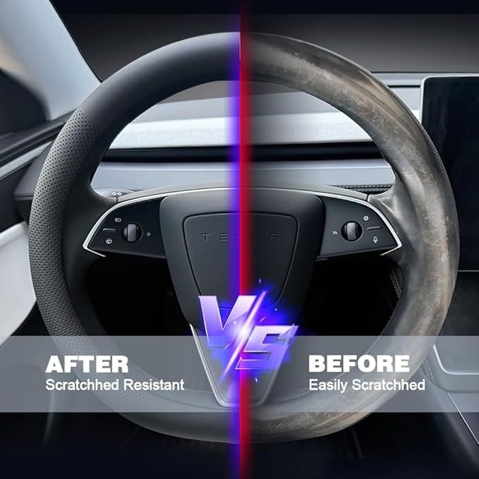 Tesla Model 3 and Model Y Steering Wheel Cover, Comfortable, Non-Slip, Breathable, Black Nappa Leather (Black)