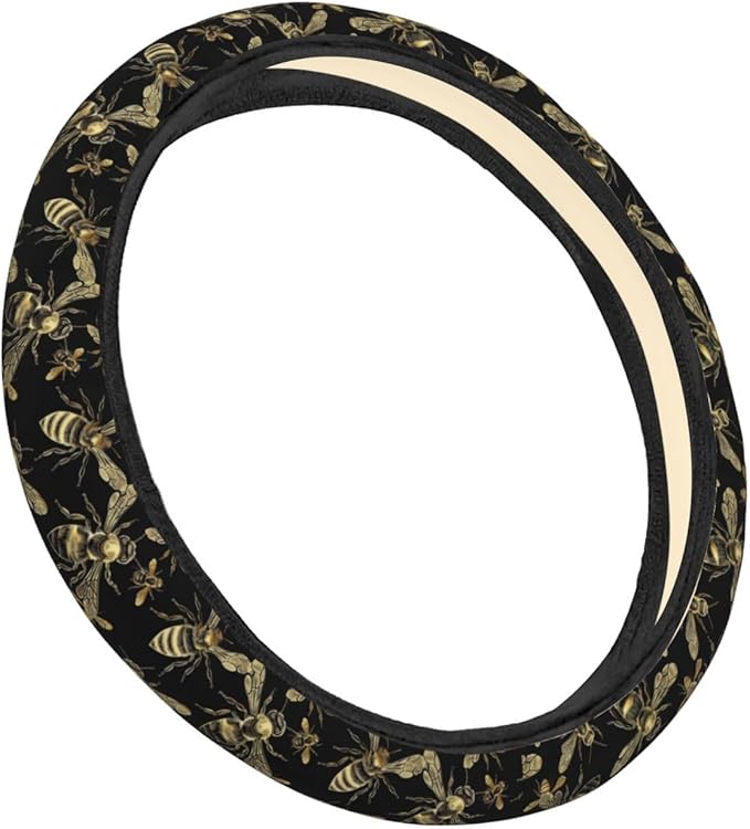 Golden Honey Bees Steering Wheel Covers Anti-Slip Elasticity Car Accessories Steering Wheel Protector Universal 15 Inch for Cars SUV Vehicle Truck