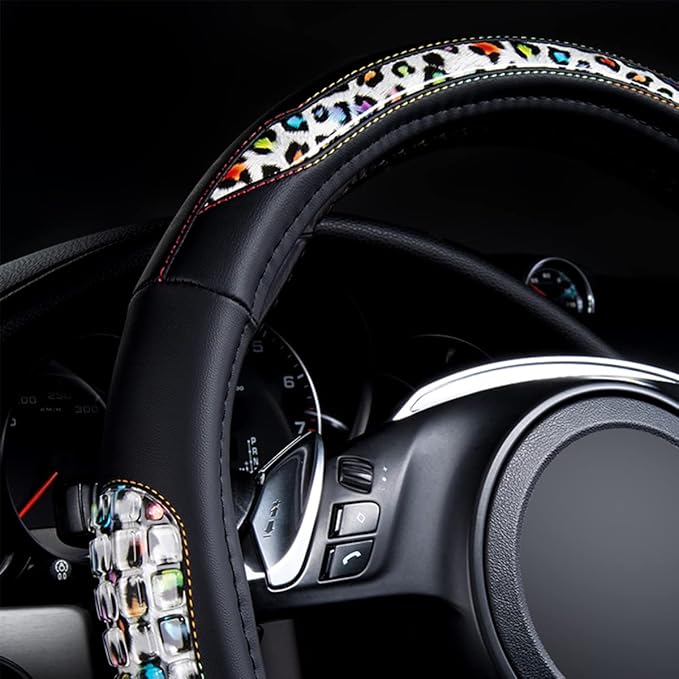 Flying Banner car Steering Wheel Cover Gel Massage Velvet Cool Warm Universal Size 15 inches SUV Truck Anti Slip Odorless Summer Winter (Black Leopard, Gel Massage)