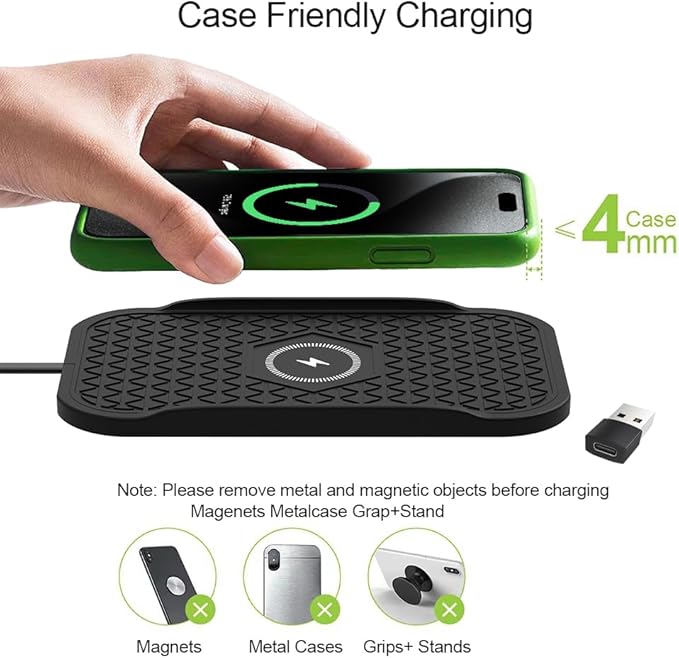 Wireless Car Charger Silicone Pad, for iPhone12/11 Pro/XS/XR/8/8Plus,15W Fast Car Wireless Charging Non-Slip Mat, for Samsung S21/S22/S23/S24/S25/Androids,80cm Cable, Black