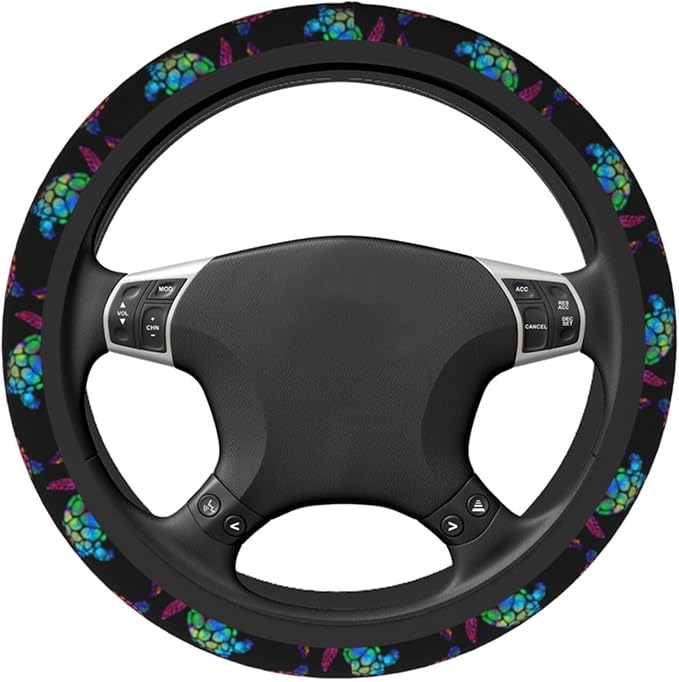 Sea Turtle Steering Wheel Cover with 2 Car Coasters Non Slip Neoprene for Women Men Universal 15 Inch