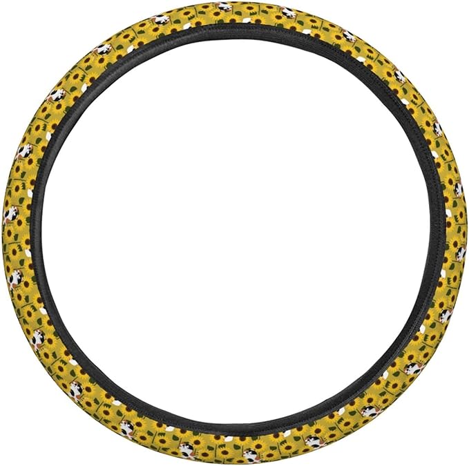 Dujiea Cats Sunflower Elastic Stretch Steering Wheel Cover, Anti-Slip and Durable Car Steering Wheel Accessories for Women Men, 15 Inch Universal Fit Car, Truck, SUV
