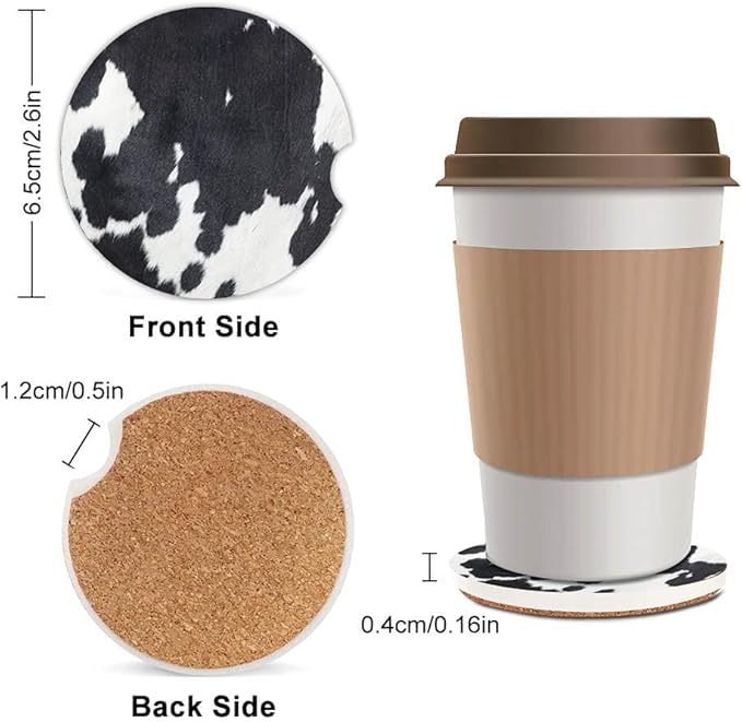 White Black Cow Print Absorbent Cup Holders Car Coasters,Ceramic Stone Drinks Coaster Set for Women Man 2.56"(2 Pack)