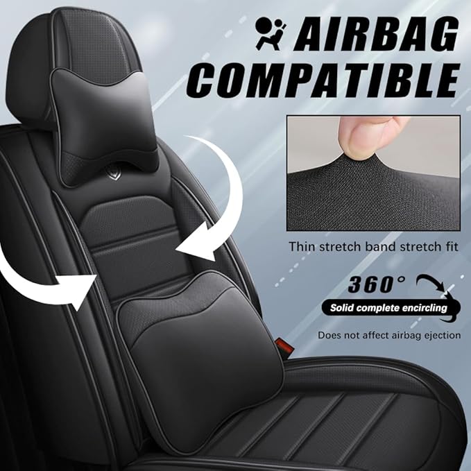 Leather Seat Covers,Waterproof Soft Seat Covers,Interior Accessories Seat Covers Cushion Vehicle Protector Airbag Compatible,Fits 95% of Vehicles(Classic Black,Full Set with Pillow)