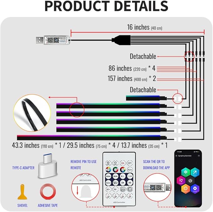 Acrylic Car Led Lights Interior with APP,Universal RGB Acrylic Ambient Lighting Car Kit,175 inch Neon Flexible Fiber Optic Led Strip Music Sync Lights for Car,6 in 1 USB Power Dashboard Decorations