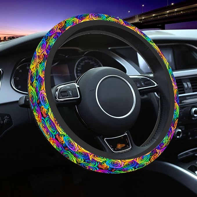 Rainbow Roses Steering Wheel Cover Fresh Beautiful and Bright Steering Wheel Cover for Women Men Anti-Slip Breathable Steering Wheel Protector Car Accessories