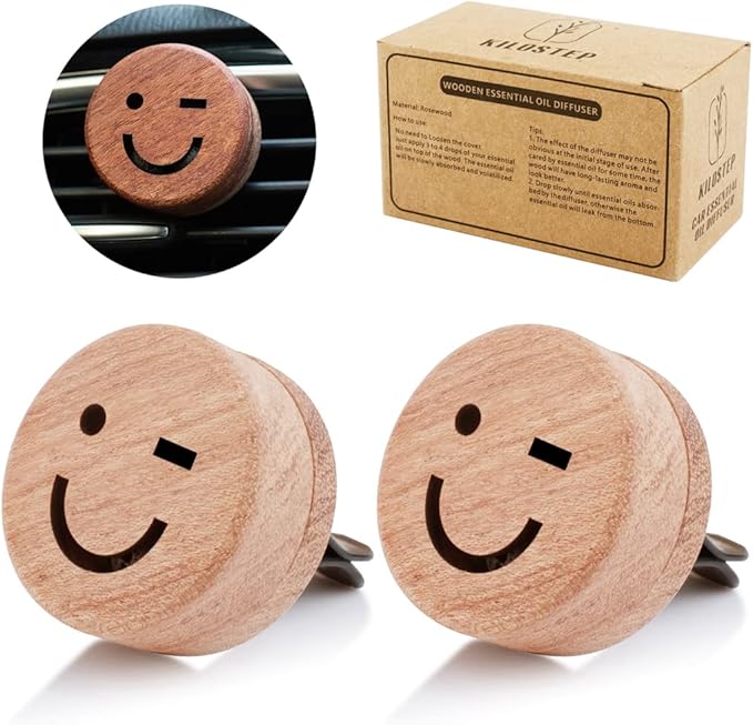 Essential Oil Car Diffuser, 2 PCS Smile Car Aromatherapy Wink Wood Diffuser with Vent Clip