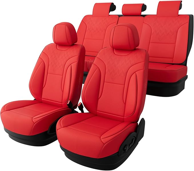 Red Car Seat Covers Full Set - Breathable Faux Leather Universal 5 Seat Covers for Cars, Automotive Protector Fit for Most Sedan SUV Pick-up Truck