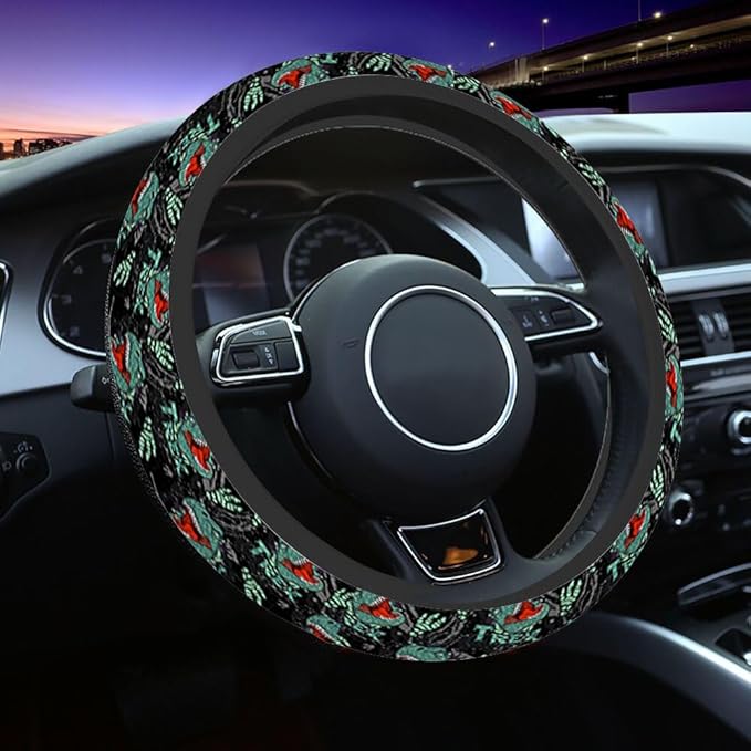 Dinosaur Head Steering Wheel Cover Open Mouth with Teeth Showing Steering Wheel Cover for Women Men Anti-Slip Breathable Steering Wheel Protector Car Accessories