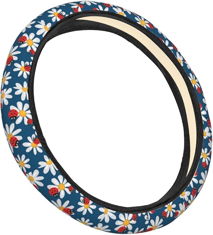 Dujiea Daisies with Ladybugs Elastic Stretch Steering Wheel Cover, Anti-Slip and Durable Car Steering Wheel Accessories for Women Men, 15 Inch Universal Fit Car, Truck, SUV