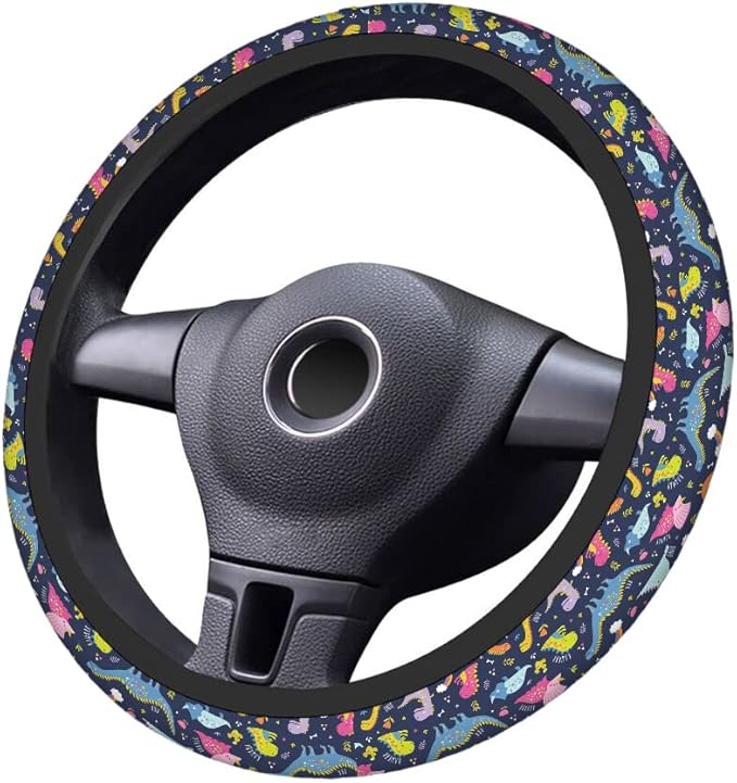 Swono Dinosaurs Cute Steering Wheel Cover Universal 15 Inch Cartoon Cute Dinosaurs with Rainbow Neoprene Car Steering Wheel Covers Stretchy Car Accessories for Women
