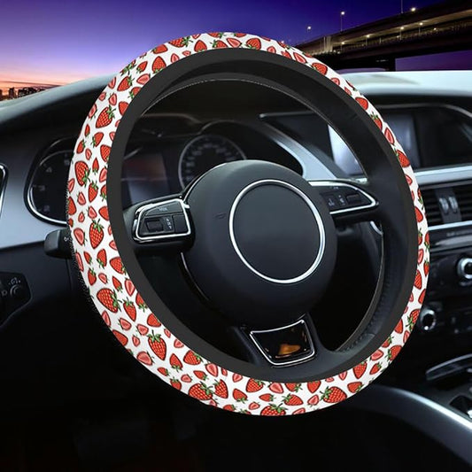 Strawberries Car Steering Wheel Cover Pink Half Strawberries and Red Strawberries Steering Wheel Cover Car Decor Suitable for Most Vehicles Including Trucks and SUV