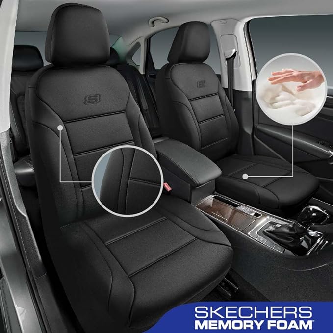 Skechers Memory Foam Car Seat Covers, Lycra Fabric Seat Covers, Seat Cover Full Sets Airbag Compatible, Automotive Comfort Protection for Most Cars, Trucks, SUVs, Black