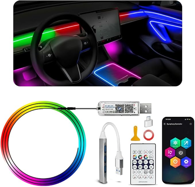 Acrylic Ambient Lighting Car Interior,55.1 inches Dream Color Acrylic Led Strips with USB Hub, APP Fiber Optic Emotion Glow Lights for Car Y 3 S X, Neon Ambient Lighting Kit Dashboard Decorations