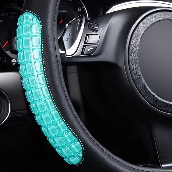Flying Banner car Steering Wheel Cover Gel Massage Velvet Cool Warm Universal Size 15 inches SUV Truck Anti Slip Odorless Summer Winter (Black Mint Blue, Gel Massage)