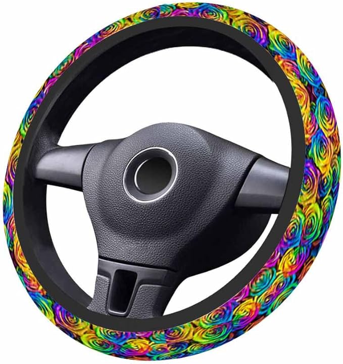 Rainbow Roses Steering Wheel Cover Fresh Beautiful and Bright Steering Wheel Cover for Women Men Anti-Slip Breathable Steering Wheel Protector Car Accessories