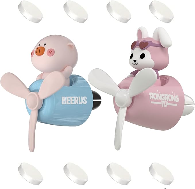 2 Pcs Pilot Car Air Fresheners, Cute Rabbit Car Vent Clip Air Freshener with 8 Fragrant Tablets Automotive Air Outlet Fan Diffuser, Automotive Interiors Vent Decoration (Rabbit+Pig)