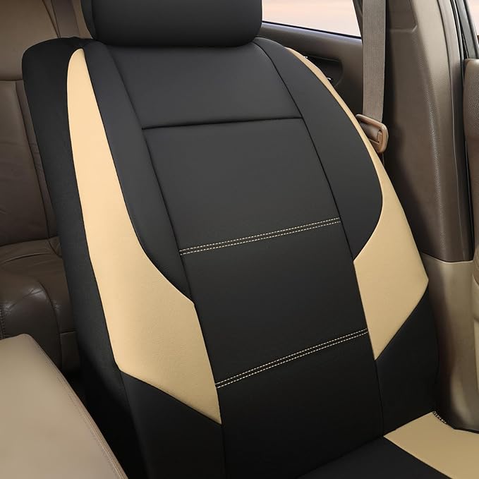 GIANT PANDA Front Seat Cover for Nissan, Leather Seat Protectors Custom Fit Nissan Rogue Altima Sentra Versa Kicks Frontier Murano Pathfinder Maxima (Beige+Black)