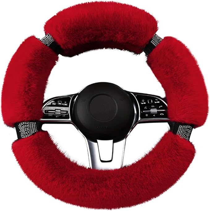 Fluffy Steering Wheel Cover for Women with Bling Crystal Diamond, Warm & Anti-Slip Plush Fur, Cute Girly Car Interior Decor Accessory, Universal Fit for 14.5-15 Inch Wheels (Red)