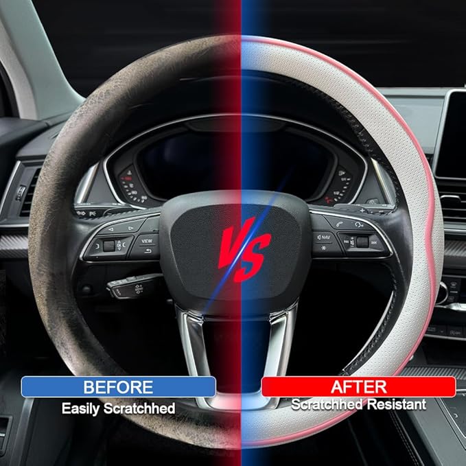 Leather Steering Wheel Cover， with Anti-Slip Stripe Design - Enhanced Grip, Fashion Style, Safe, Non-Slip, Breathable. Upgrade car Interior，White Pink